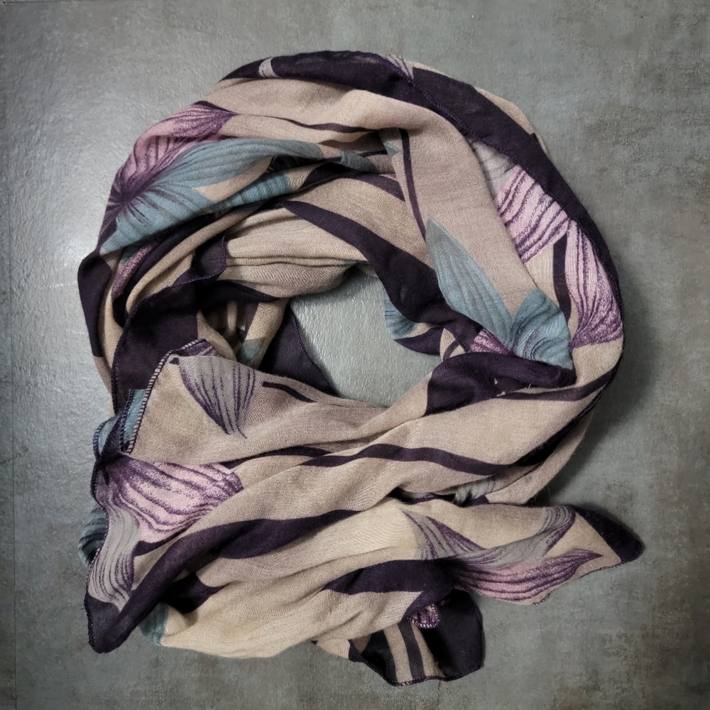 Purple Floral Cotton Viscose Scarf 35” Wide Lightweight Wrap